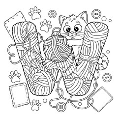 Fototapeta premium Kitten and alphabet letter W coloring page. Adorable cartoon cat illustration. Playful kitten on a huge yarn ball that forms the letter W with buttons. Craft and pet activity sheet for kids