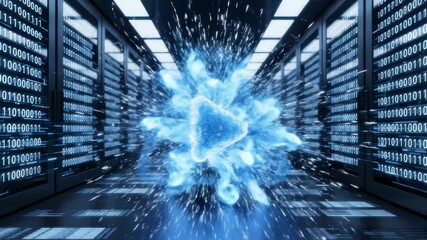 Data Cloud Transforming Into Play Icon Inside Server Room Tunnel - Powered by Adobe