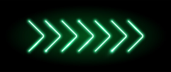 Fototapeta premium Green neon arrow element. Green glowing led direction sign. Shine tube lamps in arrowhead shape. Bright luminous fluorescent pointer effect for banner, poster, logo. Vector neon led light illustration