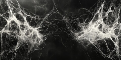 Black background with white spider webs, hanging from the left and right sides of the screen The webs are thin and long, Generative AI