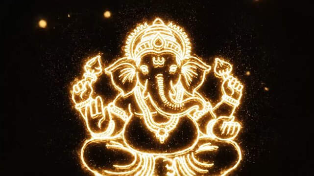 Illuminated Ganesha Artwork - This stunning video portrays a glowing representation of Ganesha, the elephant-headed deity, depicted in intricate light patterns against a dark background.