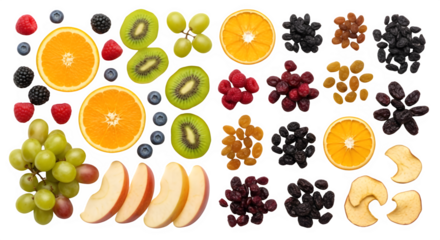Healthy fresh and dried fruit mix collection for healthy eating and dieting flat lay isolated PNG with Transparent Background