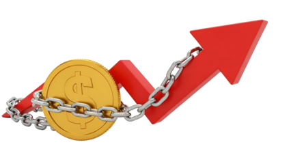 Dollar coin linked to red upward arrow symbolizing financial growth and success