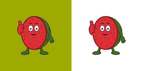 Funny cartoon vector illustration of a red and green apple fruit character with a happy smiling face isolated on white