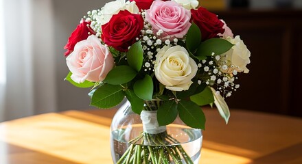 Colorful bouquet of roses sits in a clear glass vase upon a wooden surface indoors