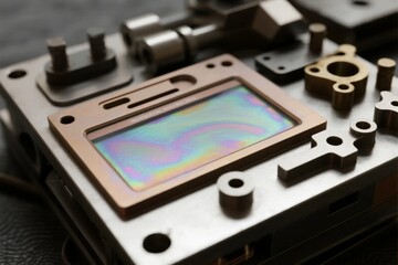Close-up of a precision optical component with iridescent surface mounted on a metallic assembly