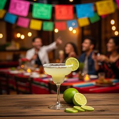 Refreshing lime cocktail sits on wooden table with celebration in background