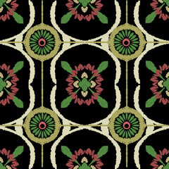 Seamless pattern with decorative floral ornament. Textile rapport. Ikat vintage pattern. Motif ethnic handmade. Design for wallpaper, textiles, rugs, tiles, and ceramic pottery.
