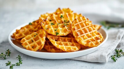Elegant serving of French pommes gaufrettes (waffle-style potato chips) on a white porcelain plate, with fine herbs sprinkled, placed on a linen napkin.
