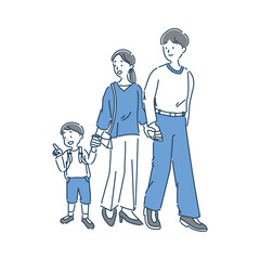 笑顔で手を繋いでショッピングをしている家族のシンプルな全身イラスト素材