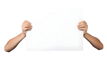 Person holding empty white sign board for text and promotional copy space isolated PNG with Transparent Background