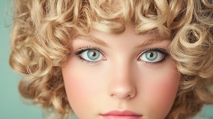 Dynamic portrait of a curly haired model fashion studio high-resolution photography soft colors close-up perspective