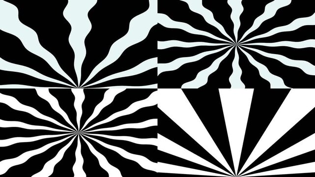 Sunburst Stripes Animation Background. Retro ray pattern background. black and white sunburst comic style spiral line stripes animation loop.