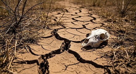 Animal remains rest upon severely cracked earth in a desolate, arid environment