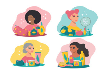 vector flat style saet of illustration on the theme of beauty routine