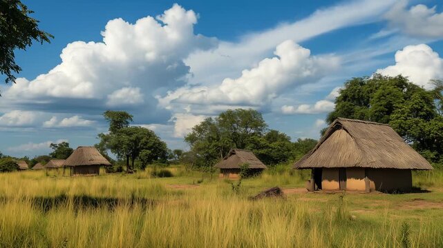 Thatched roof huts are scattered in fields of tall grass with blue sky and clouds above during daytime