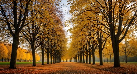 Symmetrical rows of mature deciduous trees display brilliant golden foliage along a pathway during autumn season