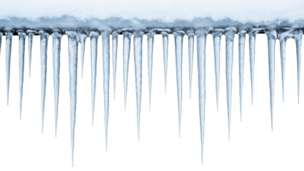 Icicles hanging from snow edge on a transparent background PNG image, winter season, cold weather