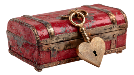 A graphic of a heart-shaped key unlocking a treasure chest, isolated on a Transparent background
