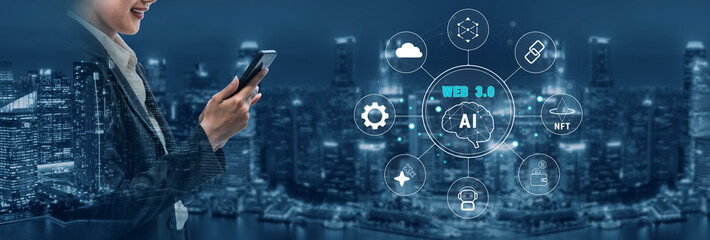 The Web 3.0 technology ecosystem, the next generation of the internet. A concept of a decentralized web with AI, blockchain, NFT, and cryptocurrency. Motif