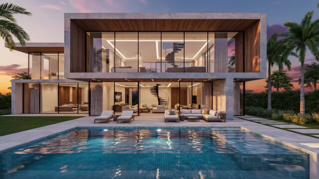 Modern Luxury Home with Pool and Landscape - This stunning modern home features a sleek design with large glass windows, a beautifully arranged outdoor patio, and a sparkling swimming pool.