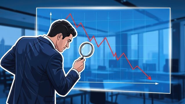 Businessman Analyzing Declining Stock Market Graph with Magnifying Glass in Office. - Powered by Adobe