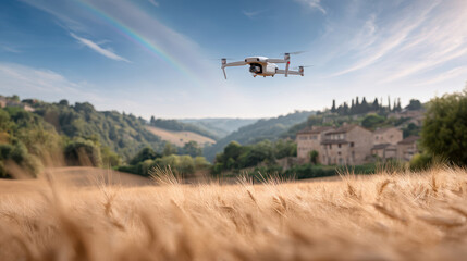 Unmanned plant protection aircraft flying over golden wheat field, showcasing agricultural technology in a serene rural landscape
