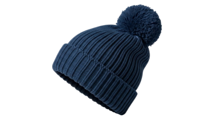  Dark blue knitted winter beanie hat with pompom on a transparent background, PNG image, PNG file