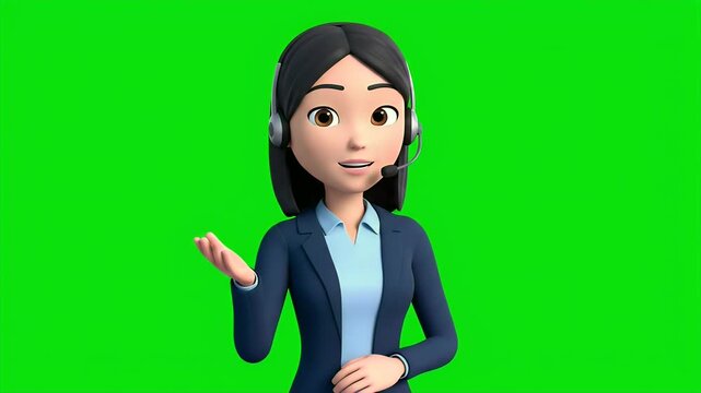 Animated businesswoman presenting on green screen background.