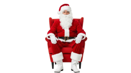 Santa Claus sitting confidently in a red armchair on a transparent background, a PNG image ready for festive holiday projects, PNG file