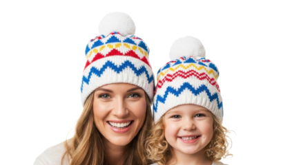  Smiling woman and child wearing colorful winter knitted hats on a transparent background PNG file