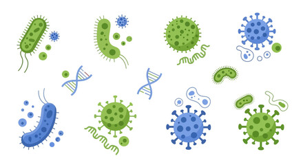 Collection of various virus and bacteria with dna strain illustration over white background