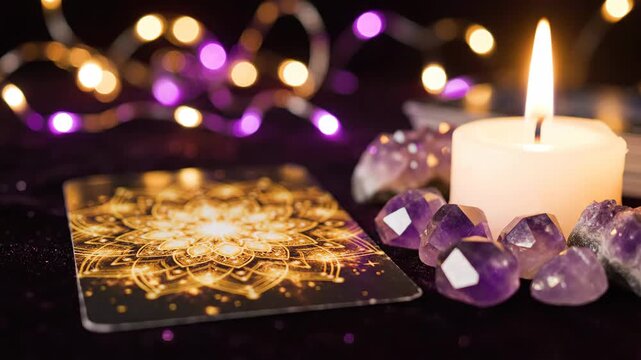 Tarot Card Reading Still Life - This close-up shot shows a tarot card with a golden mandala design, alongside a white lit candle and several amethyst crystals.