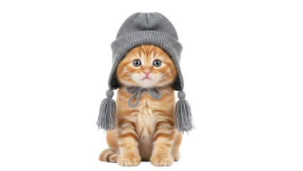 Adorable kitten wearing gray winter hat, transparent background, PNG image, PNG file