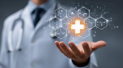 Doctor presenting innovative medical technology and healthcare advancements with digital interface and glowing cross symbol