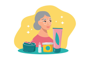 vector flat style illutration. elderly woman and cosmetics