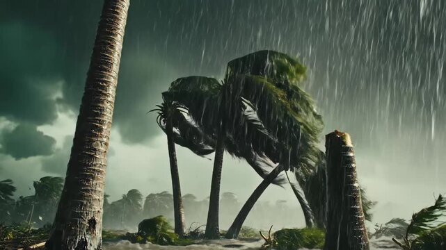 Intense Tropical Storm with Palm Trees - This dramatic scene captures a powerful tropical storm, showcasing tall palm trees swaying violently in the strong winds amidst heavy rainfall.