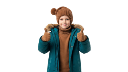 Child in winter gear smiling with thumbs up on transparent background, PNG file.