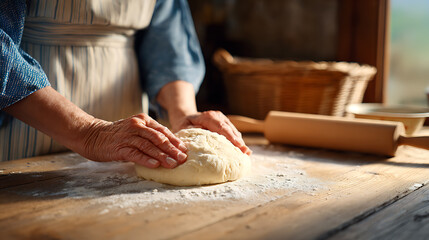 Grandma cooks dough on a floured wooden table in natural light, with a rolling pin nearby, and the cozy atmosphere of a rustic kitchen.