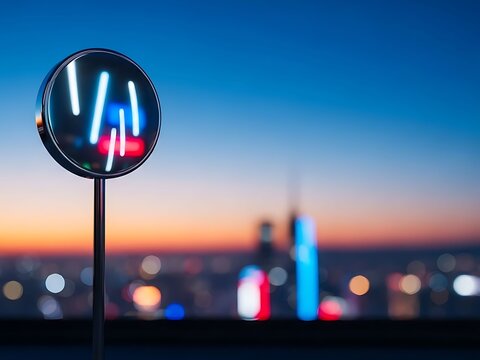 Neon Sign with Blurred Cityscape Sunset in the Background