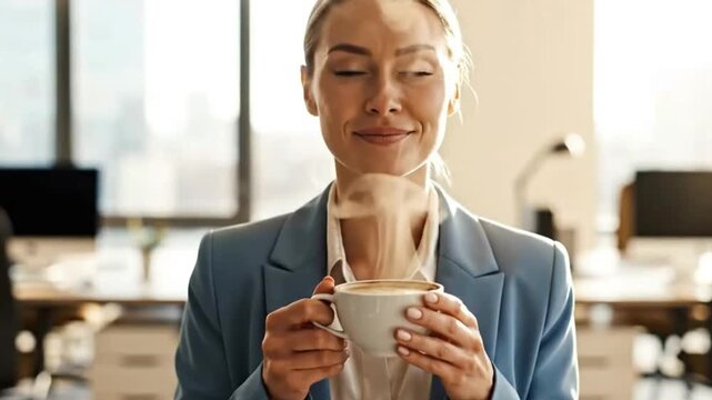 Relaxed Businesswoman Enjoying Aroma Of Hot Coffee Cup In Bright Office Environment For Break Concept And Creative Future Business Purpose