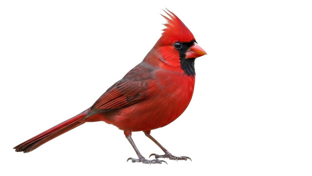 Red male cardinal bird standing on a transparent background, PNG image file, winter wildlife