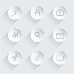 Isolated a kinds of Neumorphic Line Art Icon Set: Medical, Finance, and Office Tools Vector