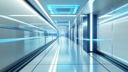 Futuristic corridor with glowing holographic displays on sleek walls, showcasing advanced technology in a modern digital environment with a high-tech atmosphere