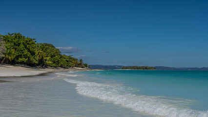 Beautiful tropical beach. The waves of the aquamarine ocean are foaming, spreading over the sand. The coast has lush green vegetation, palm trees. The blue sky. Copy  space. Madagascar. 