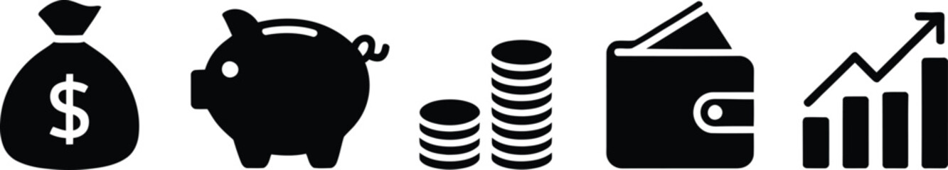 A row of black icons representing essential financial concepts like savings, wallets, and growth charts