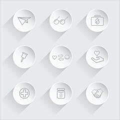 Isolated a kinds of Charity and Healthcare Neumorphic Icon Set - Line Art Vector Buttons