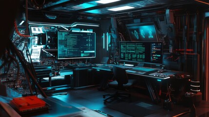 Futuristic digital workspace featuring advanced technology, glowing screens, and holographic displays, creating an immersive environment for data analysis and innovation