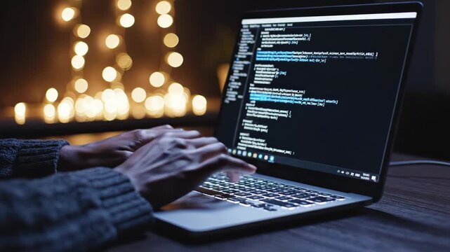 Cozy Coding Session with Bokeh Background - A close-up of hands typing on a laptop keyboard illuminated by a soft bokeh background of warm lights.