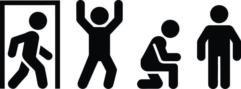Various stick figure pictograms showing different actions like exiting, celebrating, kneeling, and standing